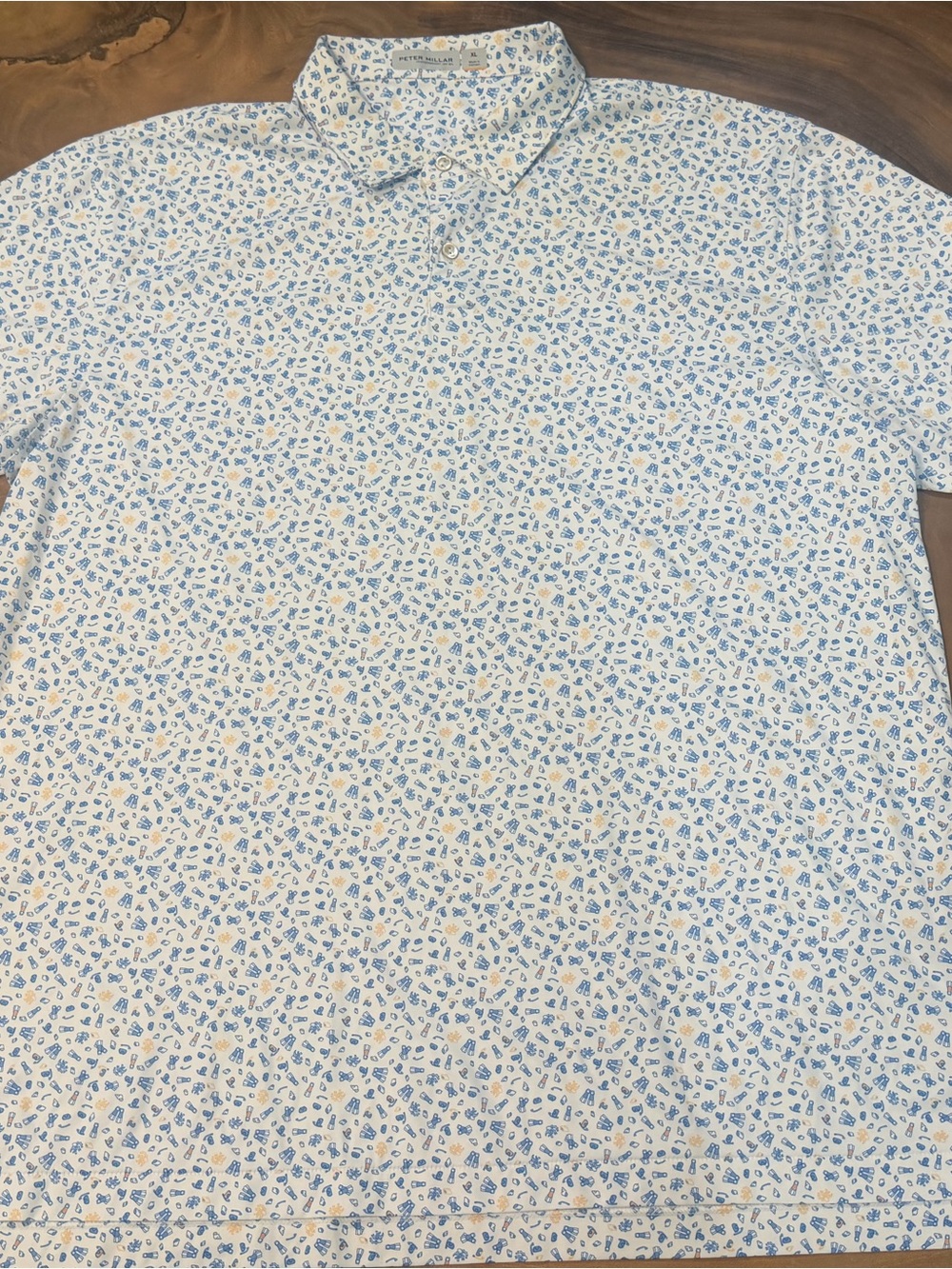 Peter Millar  Men's White Polo Shirt with Blue & Tan Micro Print